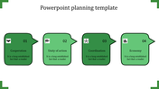 A PPT planning template featuring green speech bubbles from cooperation to the economy, each with an icon and text area.