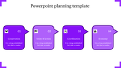 Four purple speech bubble shapes arranged horizontally, each numbered and featuring distinct icons on a white background.