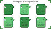 Infographic showing six green speech bubble designs with rounded corners, highlighting planning steps on a white layout.
