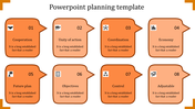 Planning template with eight orange speech bubbles labeled 1 to 8, each with icons and planning terms 