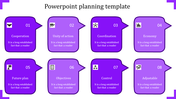 A purple PowerPoint planning template with eight sections, each highlighting key concepts with icons and text area.