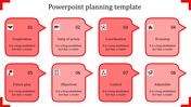 Speech bubble template in red theme with eight planning steps and relevant icons for each stage placed in white backdrop.