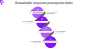 Stacked four purple circles linked diagonally with a gray ribbon, featuring labeled white text boxes and small icons.