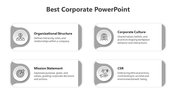 Corporate themed slide with four horizontal rectangular shapes in gray accents and circular icons in each section.