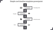 Timeline PowerPoint slide with vertical grey arrows, illustrating chronology, visualization, and static steps with icons.