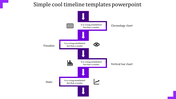 Timeline PowerPoint slide with vertical purple arrows, illustrating chronology, visualization, and static steps with icons.
