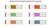 Visual colorful layout for a clock themed PowerPoint template featuring different times and notes.