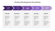 PowerPoint slide showcasing a product development process with five stages from Concept to Launch with purple icons and text.