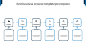 Horizontal business diagram featuring six blue boxes with icons, connected by arrows, in a linear flow structure.