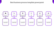 Business process diagram PPT slide with purple blocks from finance to banking, each containing text placeholders with icons.