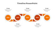 Timeline with alternating blue circles and arrows, displaying year placeholders in a horizontal flow.