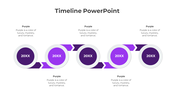 A timeline PPT slide with purple circular markers and arrows, representing chronological milestones with captions for each.