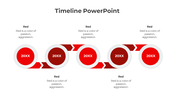 A timeline PPT slide with circular markers, each representing a year, and arrows with descriptive text about the color red.