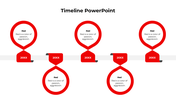 Business timeline slide with five red circular elements, on a horizontal connector, and text placeholders for key events.