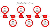 Red timeline slide with six alternating circular loops connected to a horizontal bar, featuring year labels and captions.