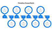 A timeline PPT slide with eight blue steps, each accompanied by a description of the blue color on a white background.