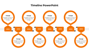 A timeline PPT slide with eight orange steps, each accompanied by a description of the blue color on a white background.