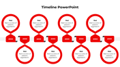 Horizontal timeline infographic with eight red looped markers and text descriptions connected by a central line.