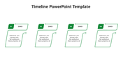 A colorful timeline ideas PowerPoint template with four stages, each represented by green color shapes and captions.