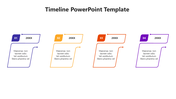 A colorful timeline PowerPoint template with four stages, each represented by different colored shapes and captions.