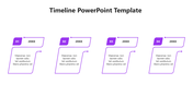 Sequential purple timeline layout with four angled boxes for details and a minimalistic structured design.