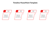 A timeline PowerPoint template with four stages, each represented by red geometric shapes with text fields.