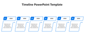 Six-step timeline design with numbered stages and placeholders for content in a blue-themed format.