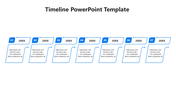 Blue seven step timeline with sleek rectangular labels and connected description boxes underneath.