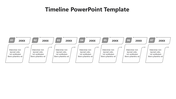 A seven step gray timeline PowerPoint template with captions and year markers.