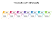 Timeline slide with seven numbered steps in yellow, red, pink, purple, blue, teal, and green, each with a label and text box.