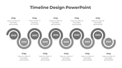 Horizontal process timeline with eight brown gear icons, each containing business symbols, connected to captions below.