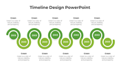 Horizontal timeline featuring seven orange gears on a conveyor path connected to captions areas placed in a white background.
