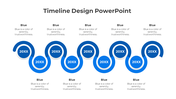 Visually engaging blue timeline with nine circular markers connected by a flowing, curved path, evenly spaced.