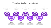 A timeline design PowerPoint slide with purple circular markers, representing different stages, with placeholder text.
