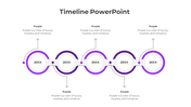 A purple colored timeline PPT template featuring circular markers with years 20XX and descriptive captions.