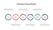 Six step multicolored timeline infographic with circular nodes, curved connectors, and placeholder text.