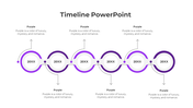 Horizontal grey timeline slide with six circular nodes displaying '20XX,' connected by wavy lines and directional arrows.