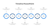 A blue themed timeline PowerPoint template with circles, arrows, and year labels with descriptions.