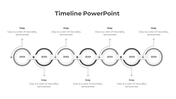 Vertical timeline slide with three yellow diamond milestones connected to circular nodes, linked to text boxes with icons.