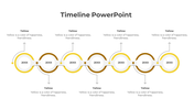 A cheerful yellow themed timeline PowerPoint template with circular markers, arrows, and year labels representing progress.