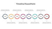 Eight connected circular nodes in various colors forming a horizontal timeline, with year placeholders inside.
