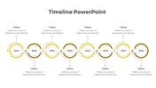 A simple timeline PPT template featuring a yellow theme with eight circular markers for each year.