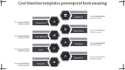 Infographic style timeline with a dual sided layout, using eight gray hexagons and gradient bars for key milestones.