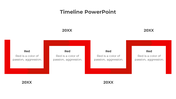 Zigzag timeline in shades of red with four rectangular text boxes, each representing different milestones.