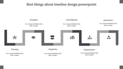 A timeline slide with six stages, including icons for various concepts from training to interactive with placeholder text.