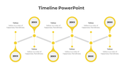 Flowchart style timeline with alternating top and bottom yellow circular markers, connected through central gray lines.