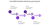 Purple themed milestone timeline from 2014 to 2017, with arrows, circular icons, and text labels for different achievements.