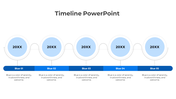 Horizontal timeline featuring five blue circles labeled '20XX,' connected by a curved path, with a blue bar of captions.