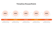 Five step timeline with orange circular nodes labeled 20XX, connected by a curved line, with segmented orange labels below.