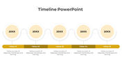 Timeline with five yellow circular steps labeled 20XX, linked by a curved line, with matching yellow labeled sections below. 